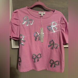 NWT She + Sky Pink Tee with Silver Sequin BOW Accents! LARGE